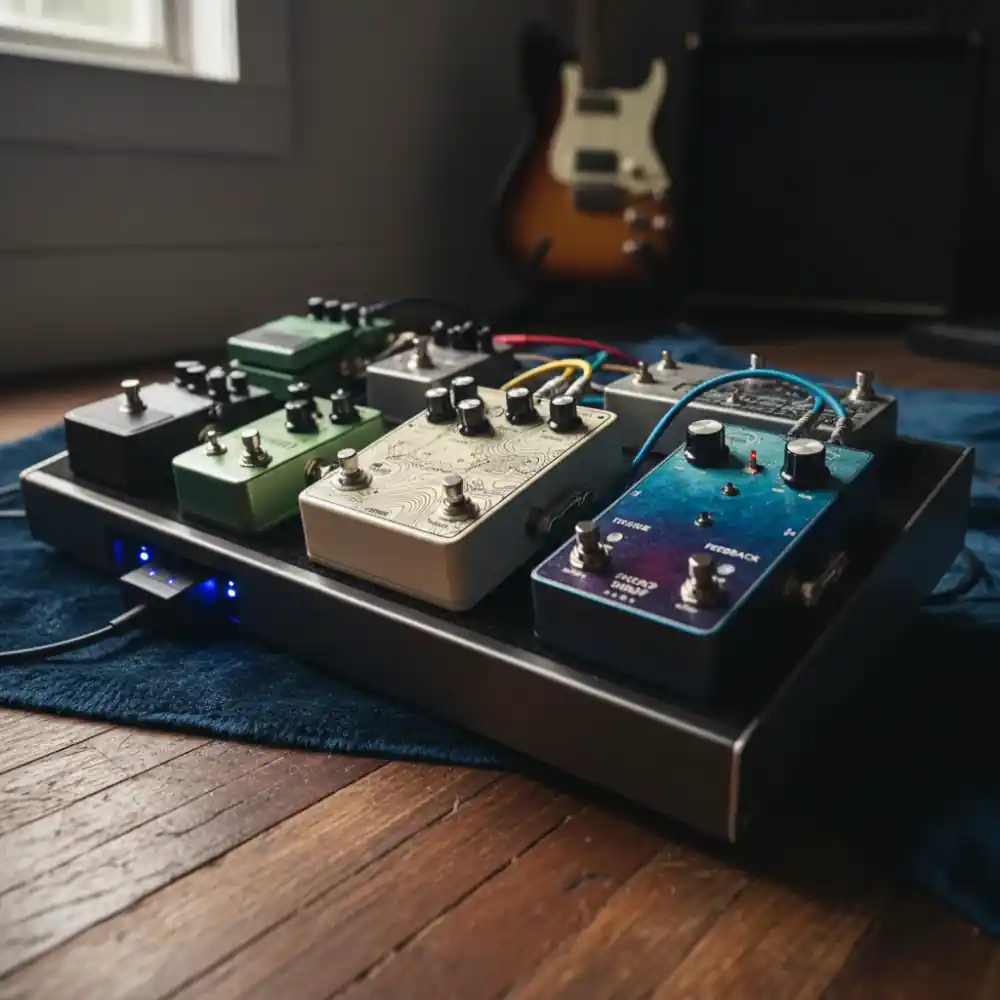 Ambient-focused guitar pedalboard featuring reverb and delay pedals