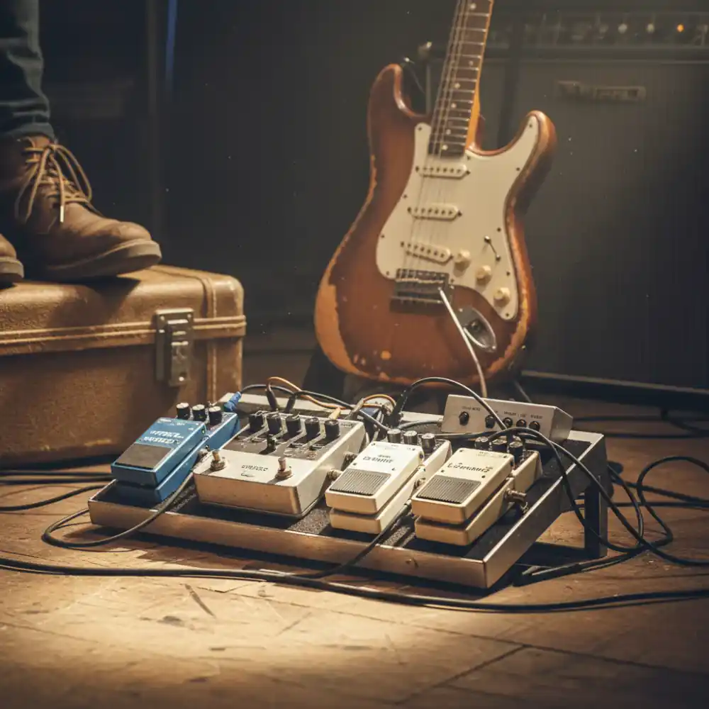 Guitarist with pedalboard on stage