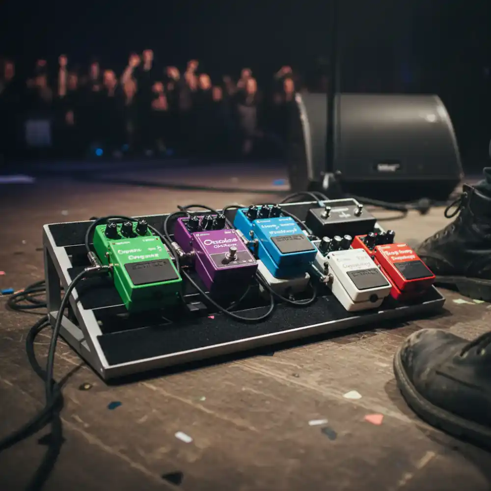 Cardiff guitarist using a compact pedalboard on stage