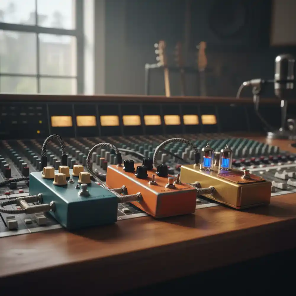 Close-up of custom guitar pedals on a studio console