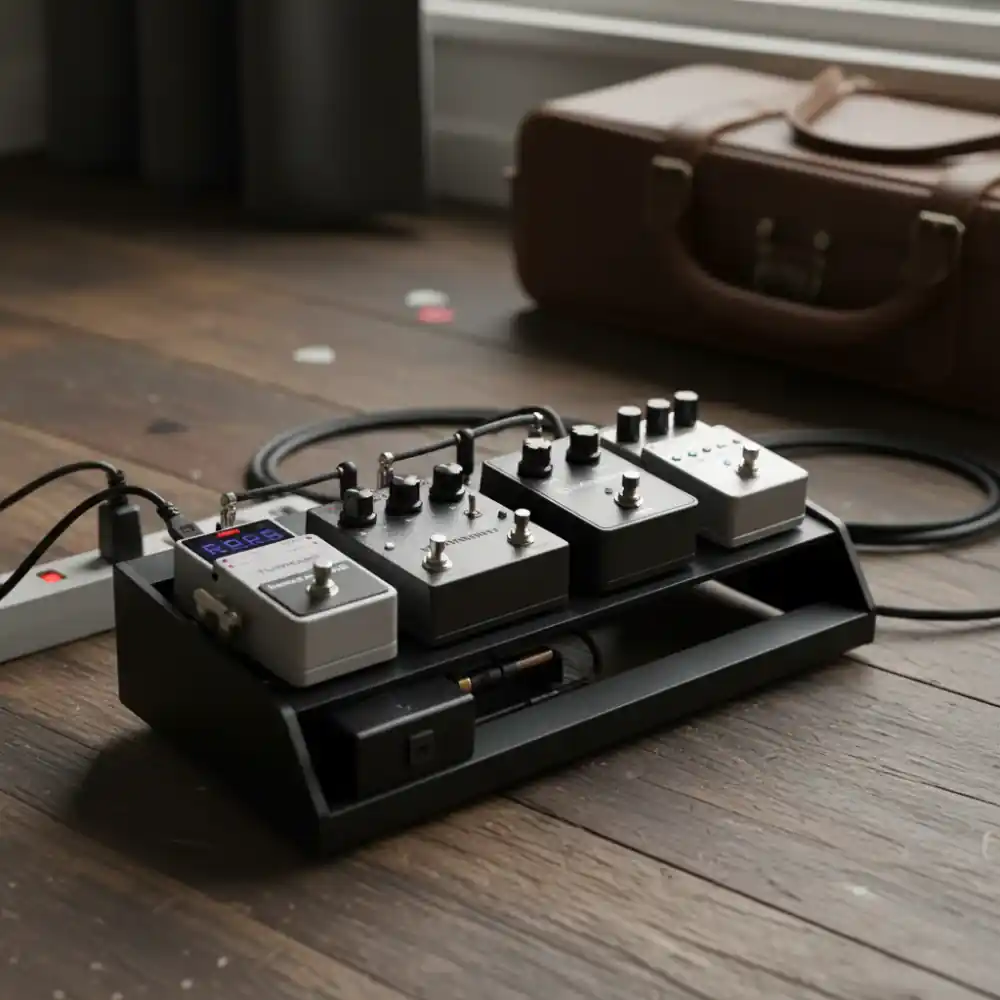 Compact fly-rig pedalboard layout with custom drive and reverb pedals
