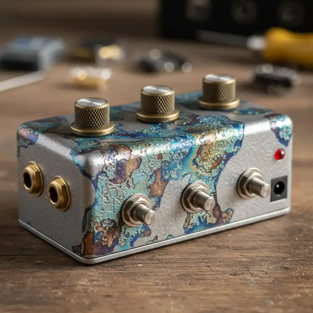 Close-up of a custom guitar pedal enclosure with hand-applied finish