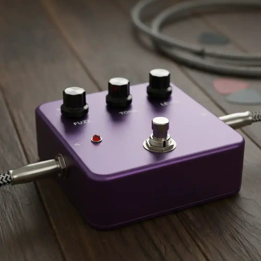 Custom fuzz guitar pedal with large knobs and textured finish