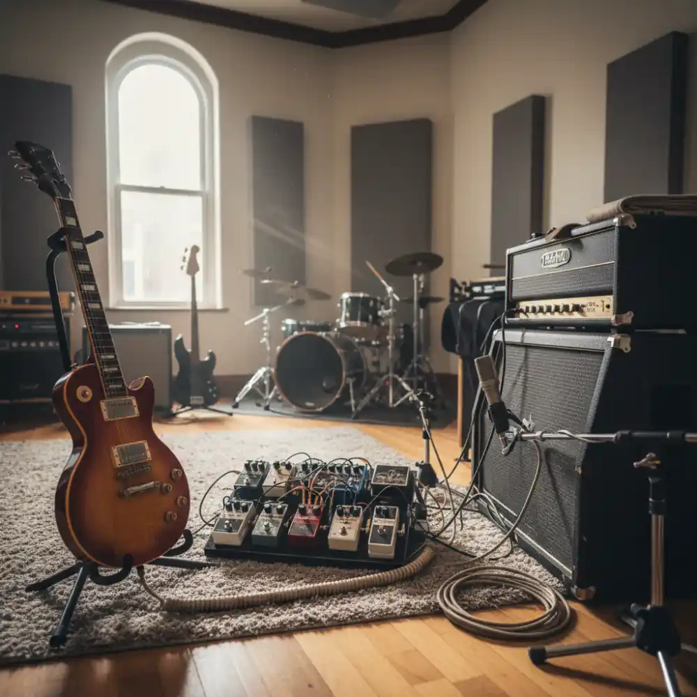 Guitar and pedalboard setup in a recording studio live room