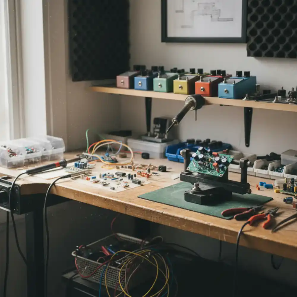 Guitar pedals and tools laid out on a workbench in a Cardiff studio