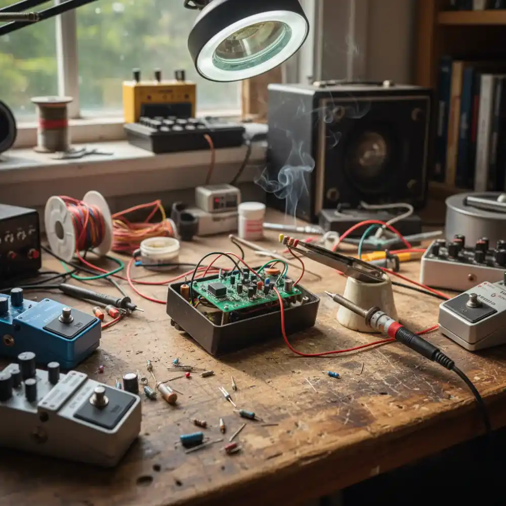 Guitar pedals on a workbench being wired