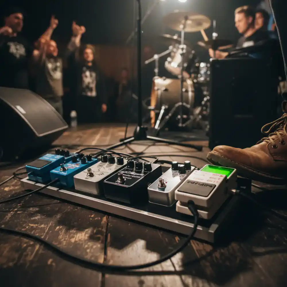 Guitarist using a compact pedalboard at a small venue
