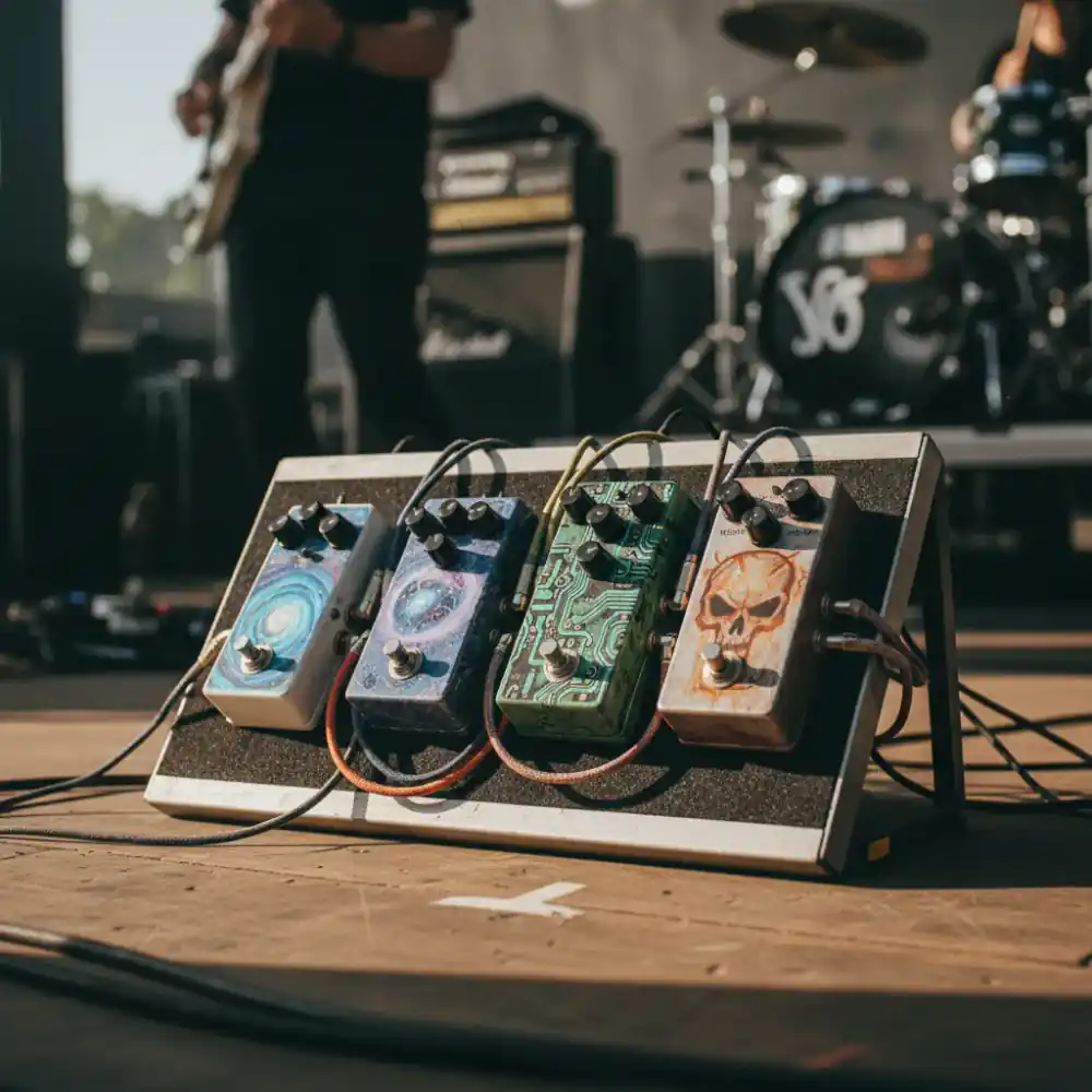 Guitarist pedalboard on stage featuring several custom pedals