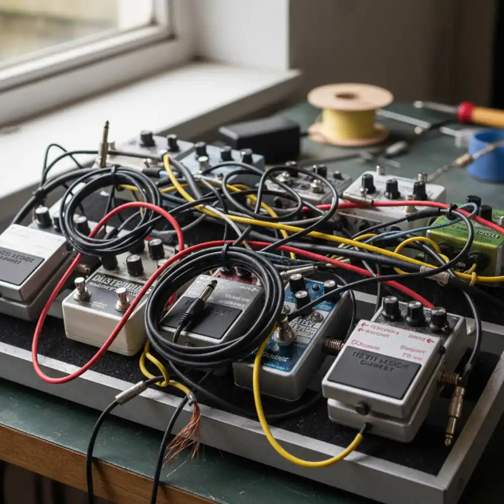 Messy pedalboard wiring before rebuild