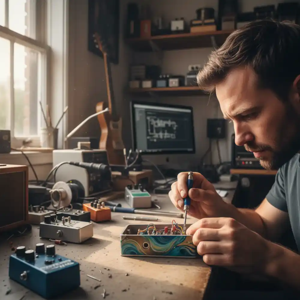 Pedal builder adjusting a custom guitar pedal on a studio desk