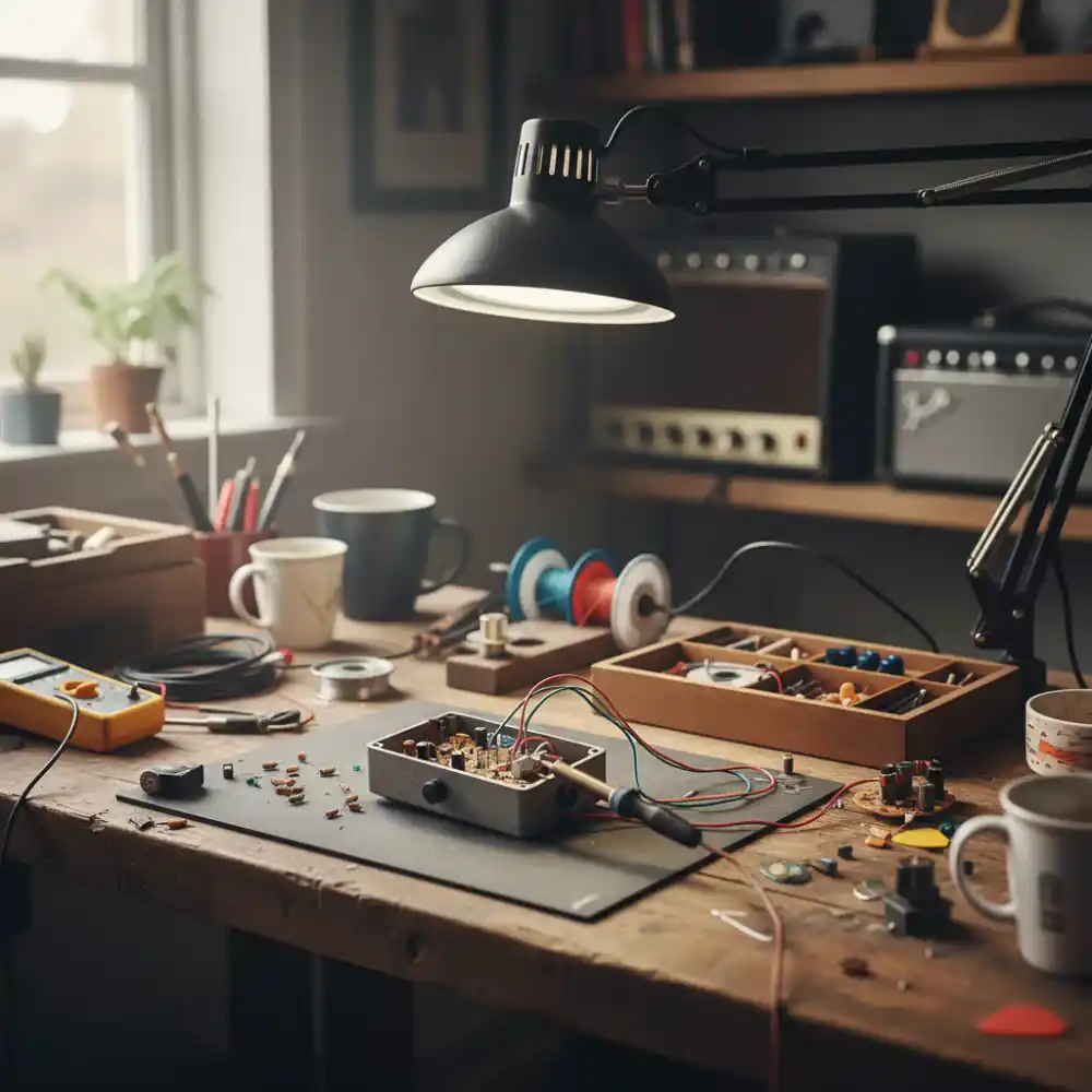 Opened guitar pedal on a repair bench with tools