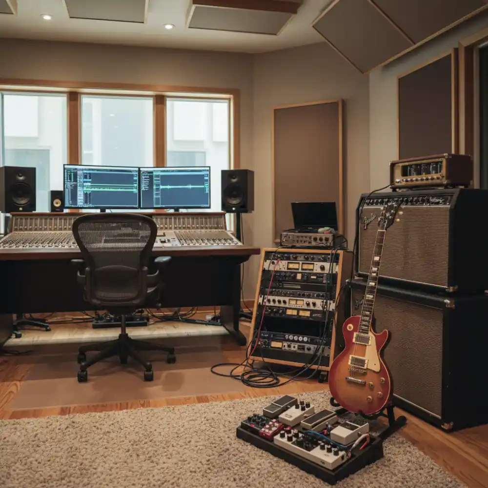 Recording studio control room with a guitar amp and pedalboard