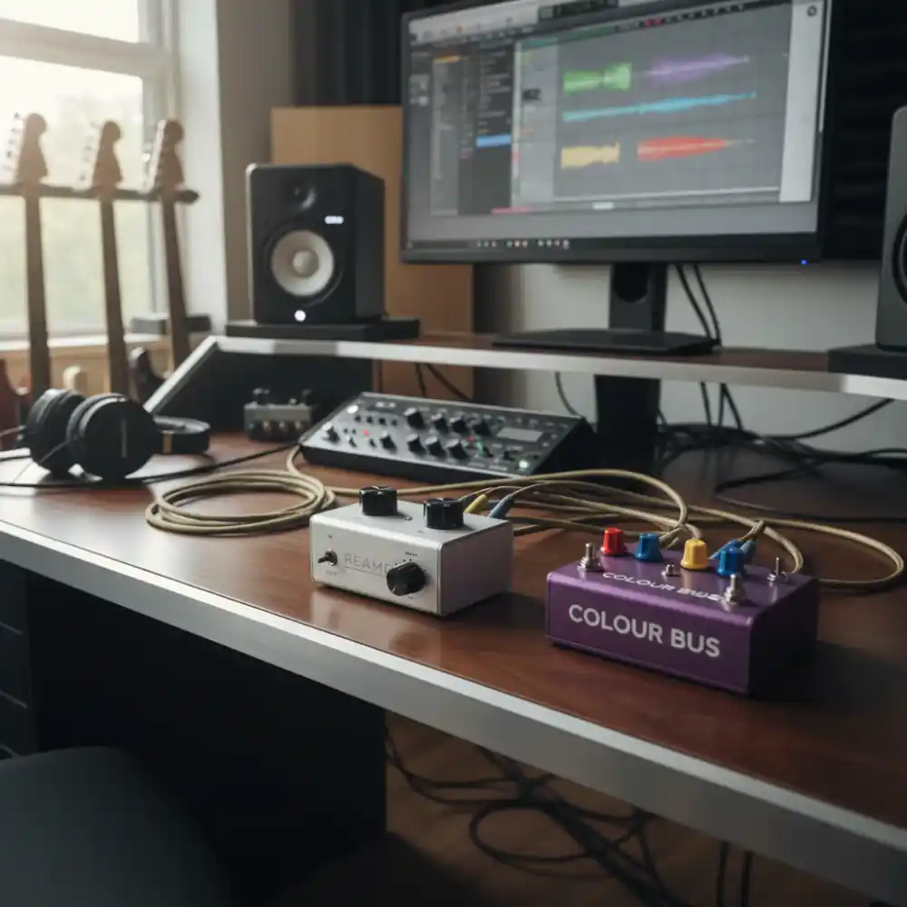 Studio desk setup featuring a reamp box and Colour Bus pedal