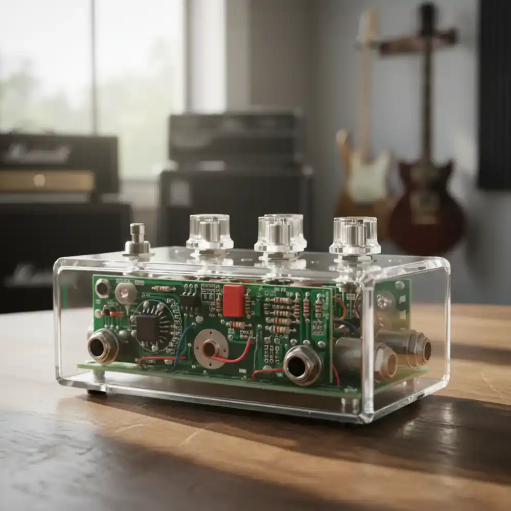 Custom transparent overdrive guitar pedal with minimalist knobs